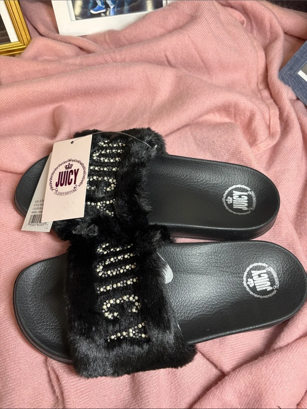 Juicy by Juicy Couture Black Faux Fur Slide Sandals New in Box W8.5 - Picture 6 of 13